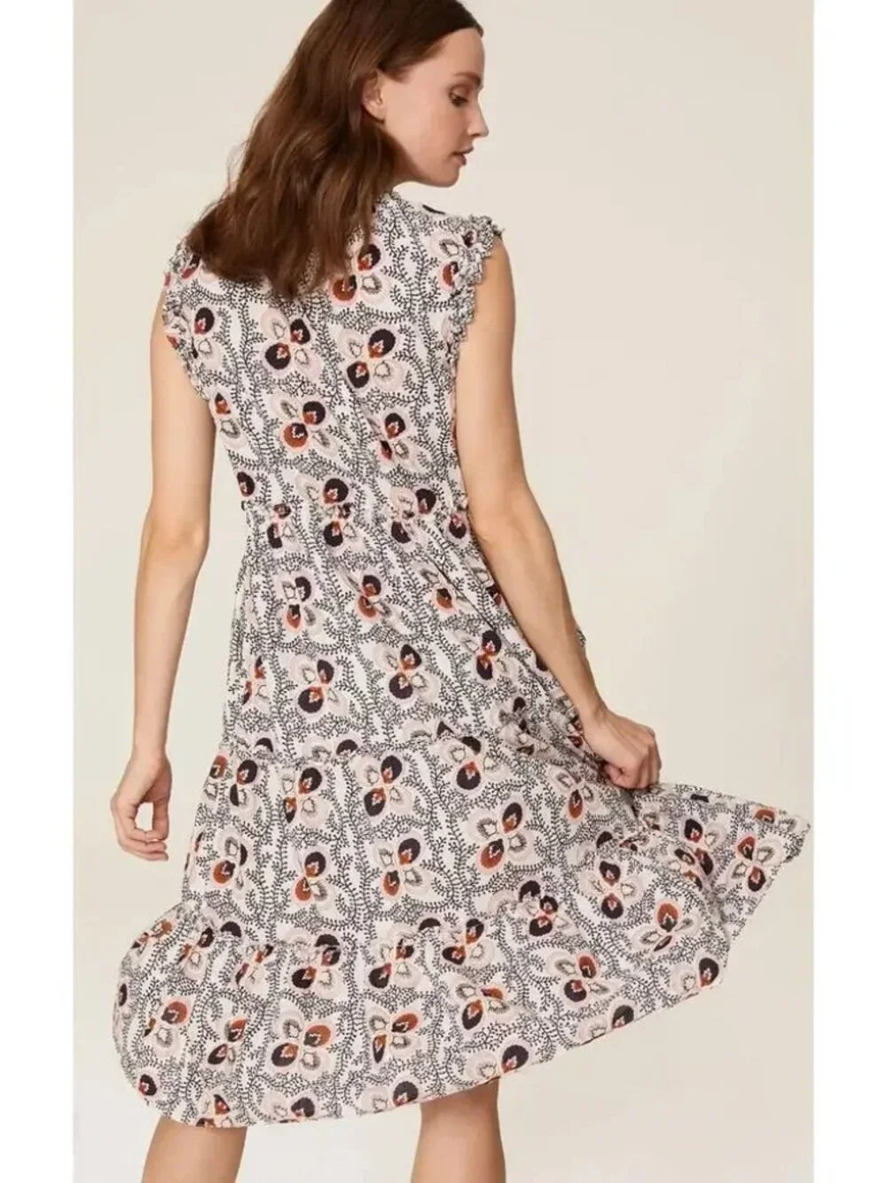 FIGUE Clara Tiered Midi Dress in Water Lily Brown Flowy Boho Sleeveless Shift LG